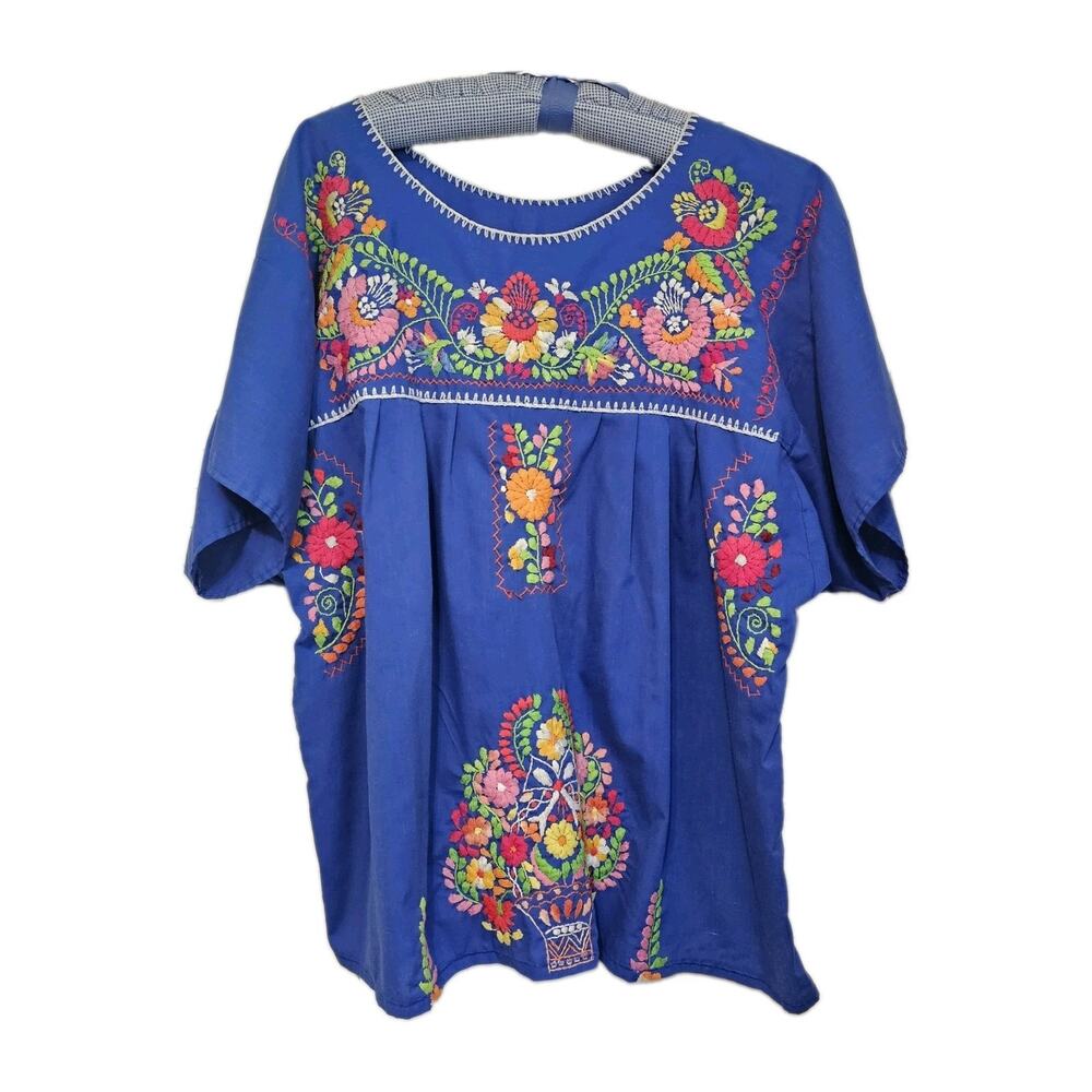 Vintage Mexican Embroidered Blouse L XL Blue Cotton Floral Peasant Boho Top